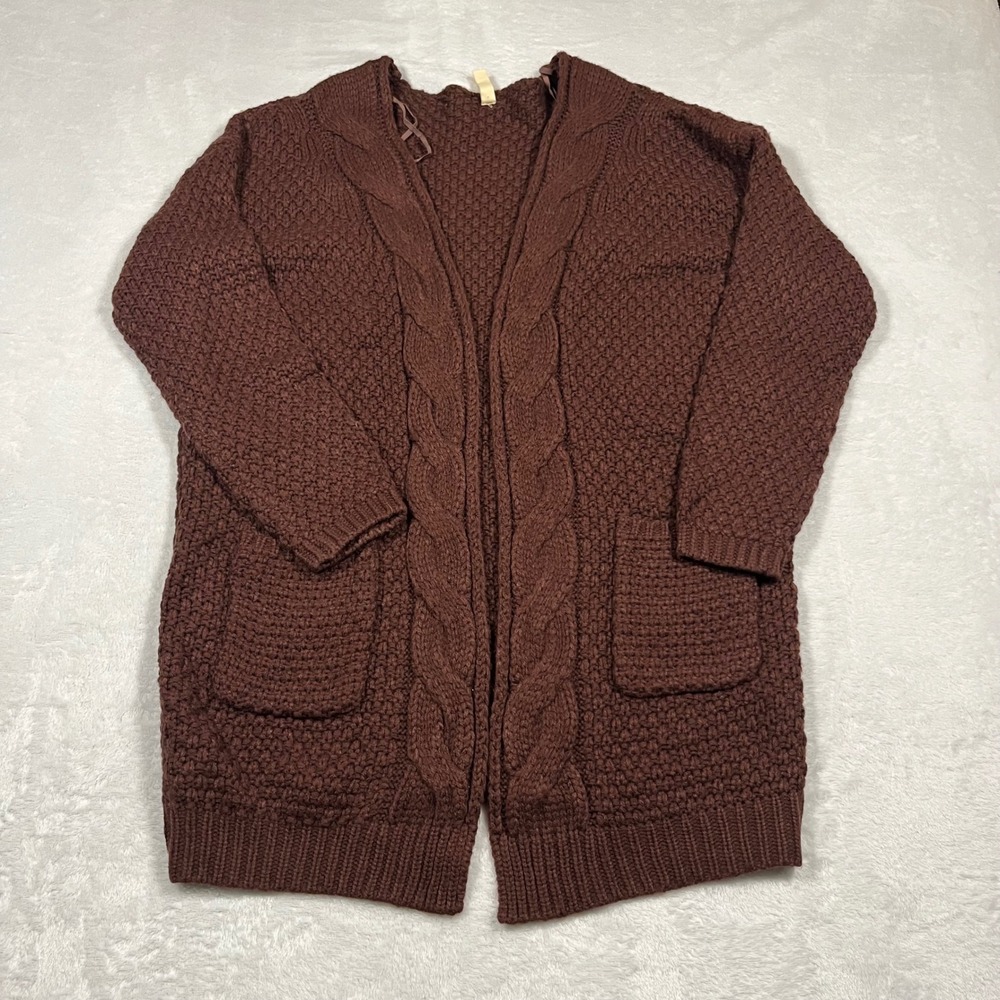 Unbranded Women Brown Cable Knit Open Front‎ Cardigan Wool Blend Sweater M/L